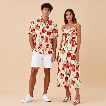 Couples Matching Vacation Outfit – Print Shirt & Long Beach Dress