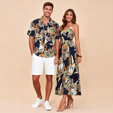 Couples Travel Outfit Set – Print Shirt and Boho Maxi Dress