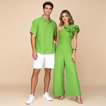 Couples Matching Ensemble: Button-Up Shirt + One-Shoulder Slit Jumpsuit