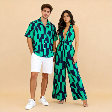Romantic Vacation Couple Outfit – Men’s Shirt & Women’s Jumpsuit-Green