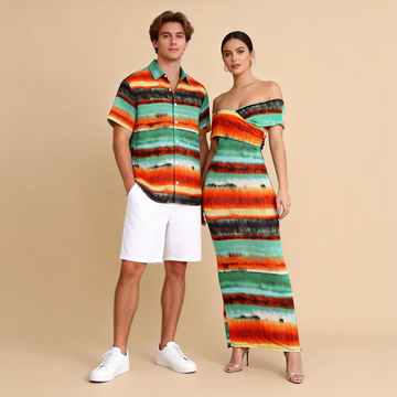 Couples Matching Outfits – Printed Shirt & Off-Shoulder Floral Dress