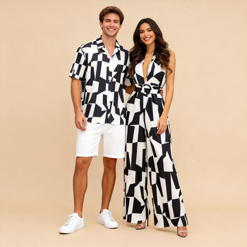 Romantic Vacation Couple Outfit – Men’s Shirt & Women’s Jumpsuit