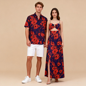 Tropical Matching Set: Men’s Print Shirt & Slit Dress