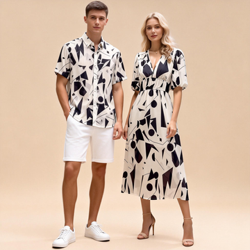 His & Hers Matching Print – Men’s Hawaiian Shirt + Women’s V-Neck Dress