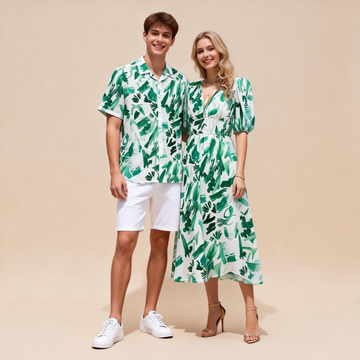 Vacation Couples Matching Outfits – Printed Shirt + V-Neck Dress Set