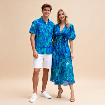 Couples Matching Printed Outfit Set –  Shirt & V-Neck Dress