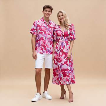 Couples Summer Matching Set – Men’s Printed Shirt + Women’s Printed Dress