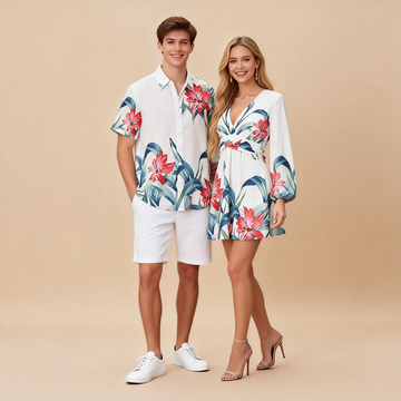 Matching Print Couple Outfit – Shirt + Long Sleeve Dress