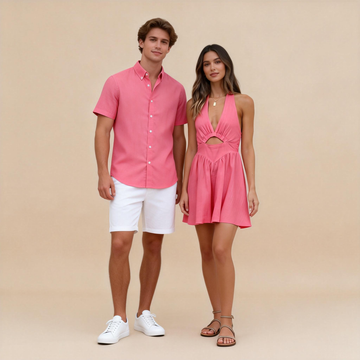Coordinated Couples Summer Outfit - Shirt + V-Neck Halter Dress-Hot Pink