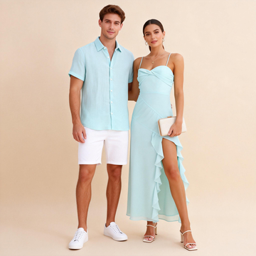 His/Hers Matching Set: Shirt with High-Slit Dress -  Green