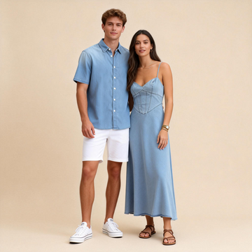 Couples Matching Prints – Denim Shirt & Spaghetti Strap Dress