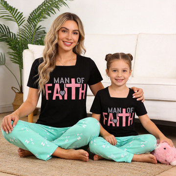 "Man Of Faith" Printed Mom and Daughter Christian Design Matching Pajamas