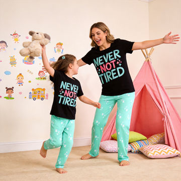 Never Not Tired Slogan Printed Mom and Daughter Matching Pajamas