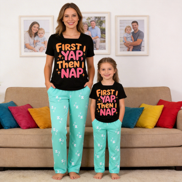 First Yap Then Nap Slogan Printed Mom and Daughter Matching Pajamas