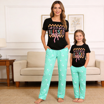"Simply Blessed" Printed Mom and Daughter Christian Design Matching Pajamas