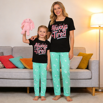 Always Tired Slogan Printed Mom and Daughter Matching Pajamas