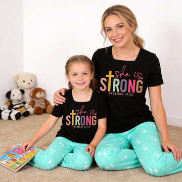 "She is strong PROVERBS 31:25" Printed Mom and Daughter Christian Design Matching Pajamas