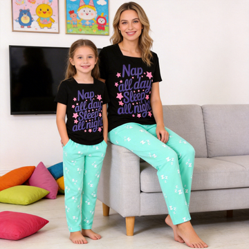Nap All Day Sleep All Night Slogan Printed Mom and Daughter Matching Pajamas