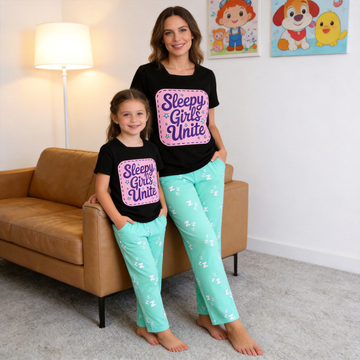 Sleepy Girls Unite Slogan Printed Mom and Daughter Matching Pajamas
