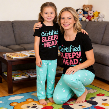 Certified Sleepy Head Slogan Printed Mom and Daughter Matching Pajamas