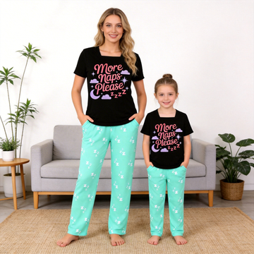 More Naps Please Slogan Printed Mom and Daughter Matching Pajamas