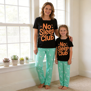 No Sleep Club Slogan Printed Mom and Daughter Matching Pajamas