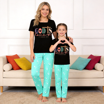 "God is Love John 4:19" Printed Mom and Daughter Christian Design Matching Pajamas