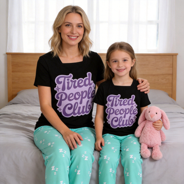 Tired People Club Slogan Printed Mom and Daughter Matching Pajamas