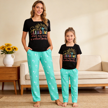 "Spirit Lead Me, Where My Trust is Without Borders" Printed Mom and Daughter Christian Design Matching Pajamas