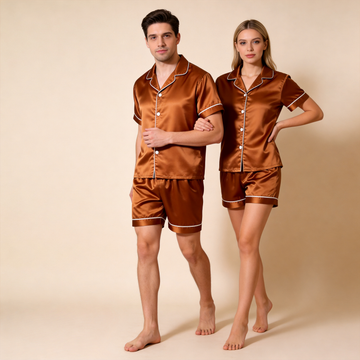 Silky Classic Solid Couple Sleepwear – Satin Short Sleeve Pajama Set
