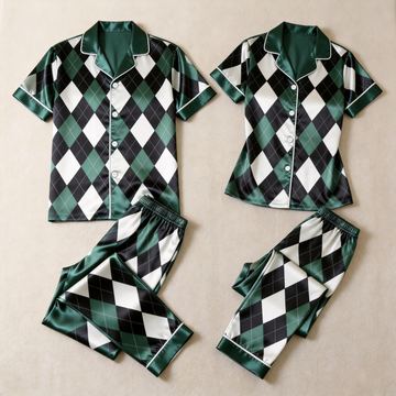Green Argyle Satin Matching Pajamas for Couples – Long Sleeve Button-Down Top & Pants Sleepwear Set
