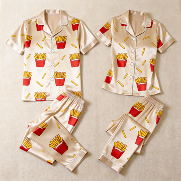 Cute French Fries Print Satin Matching Couple Pajamas – Short Sleeve Button-Down Top & Pants Sleepwear Set
