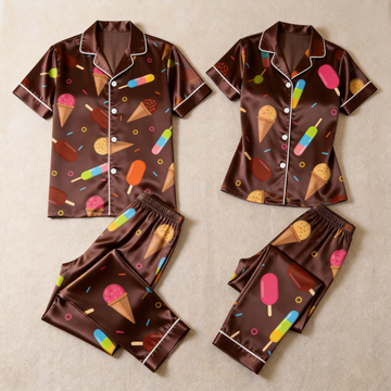 Sweet Ice Cream Print Satin Matching Couple Pajamas – Short Sleeve Notched Collar PJ Set with Pants