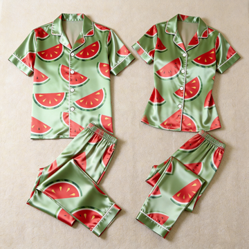 Summer Coolness Watermelon Print Satin Matching Couples Pajamas – Short Sleeve Button-Up Top & Pants Nightwear Set