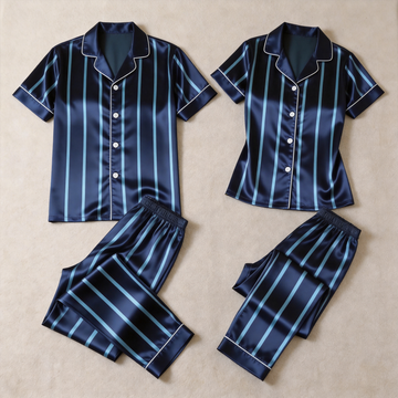 Blue Vertical Stripe Short Sleeve Notched Collar Button-Down Shirt and Long Pants Nightwear