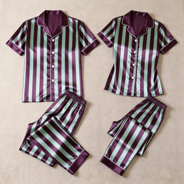 Purple & Green Vertical Stripe Short Sleeve Notched Collar Button-Down Shirt and Long Pants Nightwear