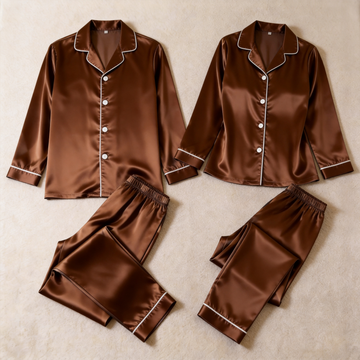 Solid Chocolate Satin Long Sleeve Couple Button-Down Pajamas