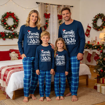 Full "Family CHRISTMAS 2026 MAKING MEMORIES TOGETHER" slogan Printed Blue Plaid Christmas Family Matching Pajamas (Copy)