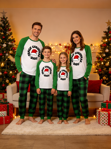 2-Piece Family Matching Christmas Pajama Set, 2026 Santa Hat Print Green Raglan Long Sleeve Top, Green Black Plaid Pants With Side Pockets, Matching Sleepwear For The Whole Family Holiday Photos
