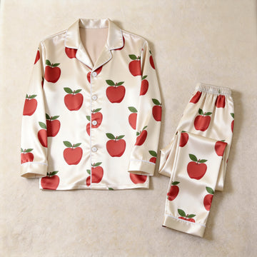 Creamy Red Apple Print Satin Matching Pajamas for Couples – Long Sleeve Button-Down Top & Pants Sleepwear Set