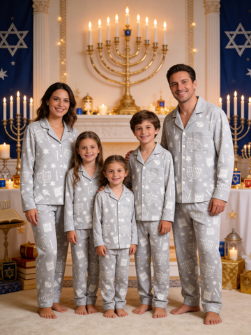 Hanukkah Family Pajamas Two-Piece Button-Front Long Sleeve Long Pants with Pocket - Hanukkah Menorah & Dove Print