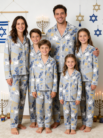 Hanukkah Family Pajamas Two-Piece Button-Front Long Sleeve Long Pants with Pocket - Hanukkah Menorah & Dove Print