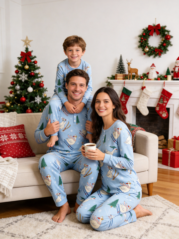 Festive Skiing Geese Print Two-Piece Henley Neck Holiday Family Pajama Set