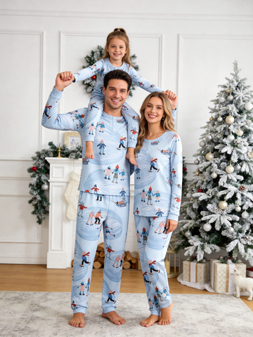 Whimsical Ice Skating Print Two-Piece Henley Neck Family Matching PJs