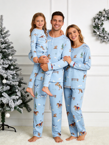 Retro Western Cowboy & Cactus Themed Two-Piece Henley Neck Family Pajamas