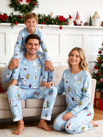 Playful Skiing Snowman & Trees Two-Piece Henley Neck Christmas Holiday Sleepwear