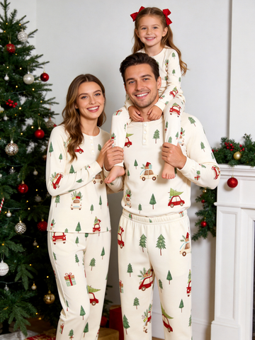 Charming Red Car with Christmas Tree Two-Piece Henley Neck Holiday Family PJs