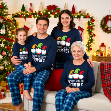 Three Santas "HANGING WITH MY GNOMIES" Monogram Print Blue Long Sleeves Top with Blue & Green Plaid Pants Family Matching Pajamas