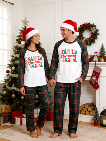 Retro Couple Christmas 2026 Letter Print Matching Couple Christmas Pajamas Holiday PJs