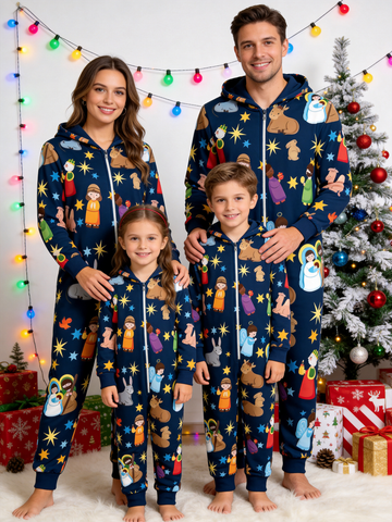 Nativity Scene Holy Night Navy Hooded Family Christmas Jumpsuit